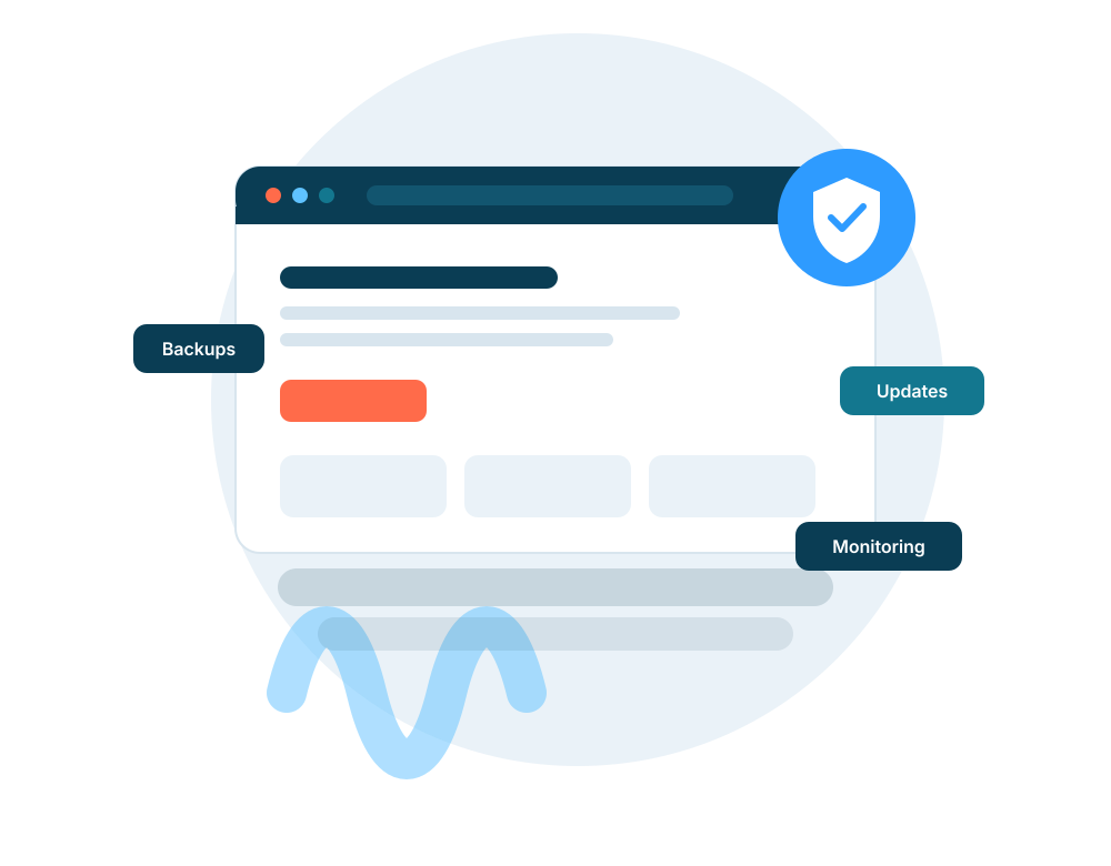 Home 1 Illustration of a website with backups, updates and monitoring handled by AussieWave
